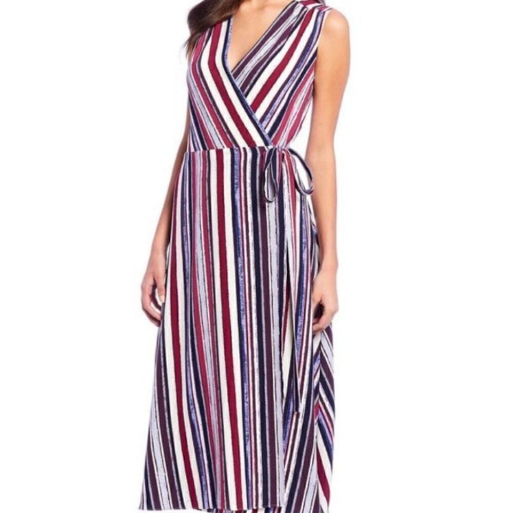 Alex Marie Women Multi Color Sleeveless stripped wrap Maxi dress size 10 ( NWT )